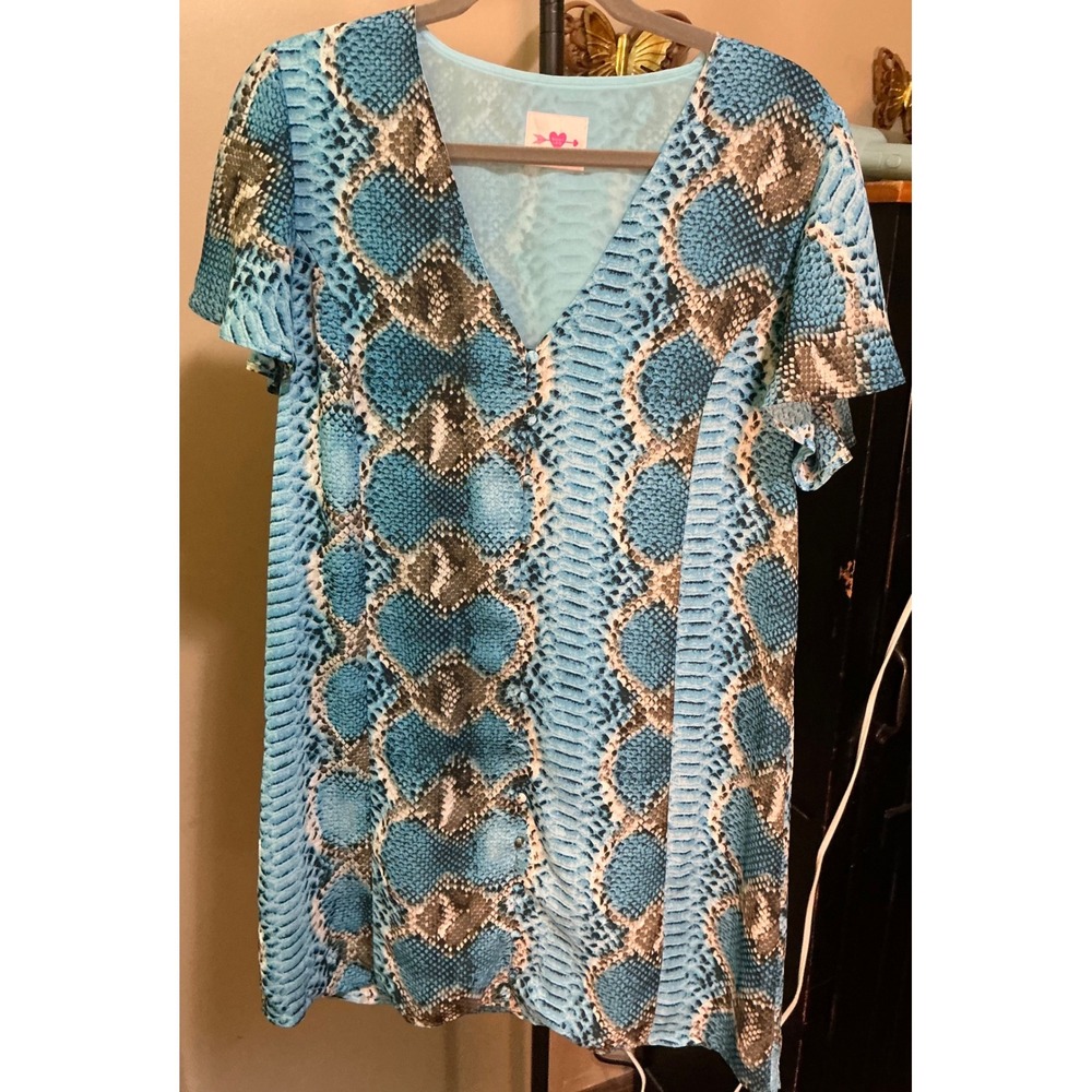 Buddy Love Blue Snakeskin Print V-Neck Short Sleeve Shift Mini Dress Small